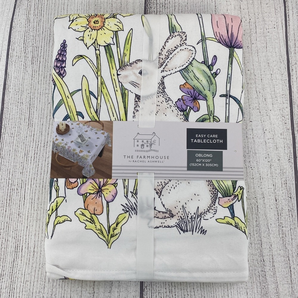 Rachel Ashwell Tablecloth 60x120 White Spring Easter Bunny Rabbit Floral Tulips